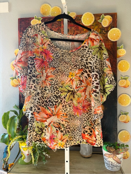 Tops - Women’s Floral Leopard Print Blouse in Orange & Green